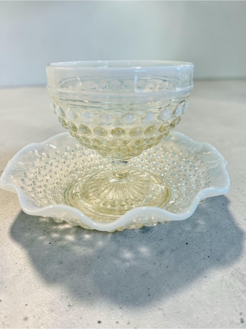 Vintage Moonstone Opalescent Hobnail Sherbet Coupe & Dessert Plates Set of 6